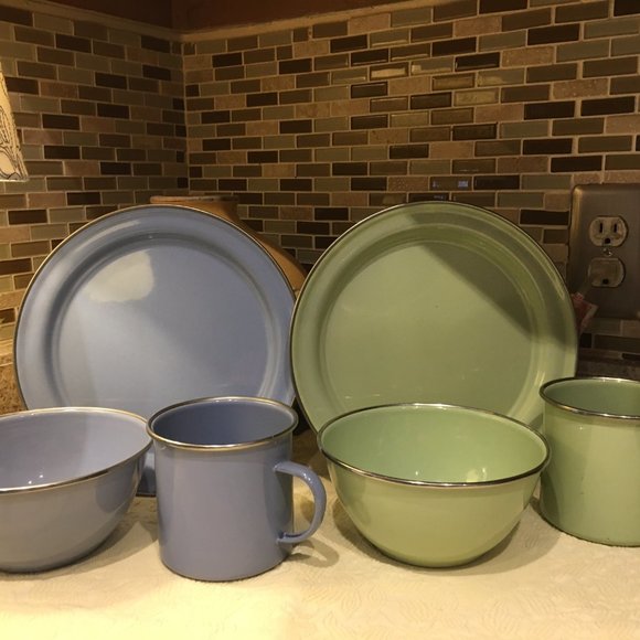 Pottery Barn Kitchen Set Of 9 Vintage Pottery Barn Enamelware Bluesage Green Poshmark